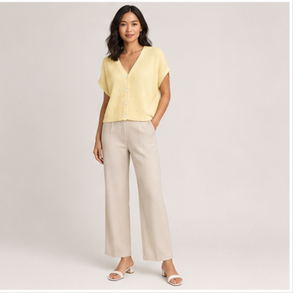 Women's Summer Oversized Cardigans Batwing Short Sleeve Lightweight Button V Neck Casual Knit Sweater Tops - model view